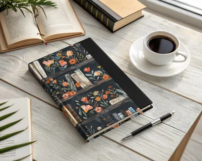 Dark Academy Floral BookShelf Black Background Pattern