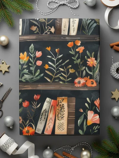 Dark Academy Floral BookShelf Black Background Pattern