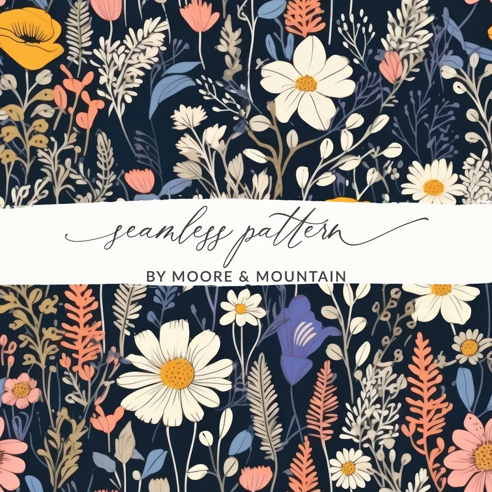 Dark Black Colorful Floral Pattern Spring Summer Boho Watercolor Digital