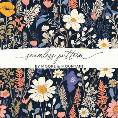 Dark Black Colorful Floral Pattern Spring Summer Boho Watercolor Digital