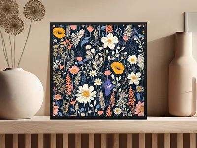 Dark Black Colorful Floral Pattern Spring Summer Boho Watercolor Digital