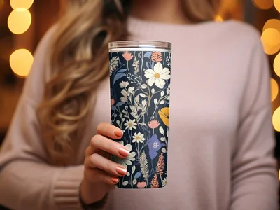 Dark Black Colorful Floral Pattern Spring Summer Boho Watercolor Digital