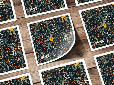 Dark Black Seamless Christmas Ditsy Floral Pattern With Berries and Leaves on Dark Backdrop Digital