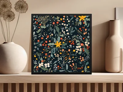 Dark Black Seamless Christmas Ditsy Floral Pattern With Berries and Leaves on Dark Backdrop Digital