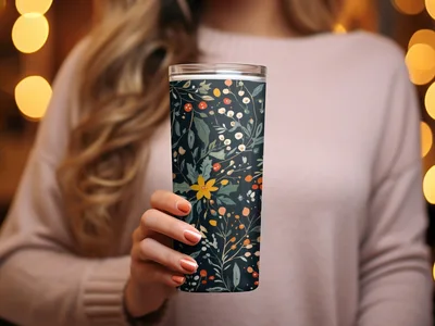 Dark Black Seamless Christmas Ditsy Floral Pattern With Berries and Leaves on Dark Backdrop Digital