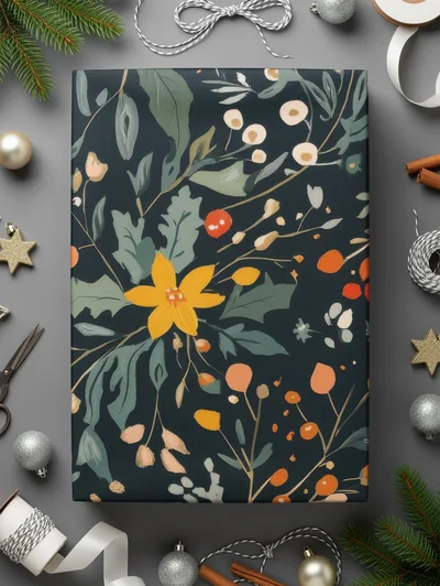 Dark Black Seamless Christmas Ditsy Floral Pattern With Berries and Leaves on Dark Backdrop Digital