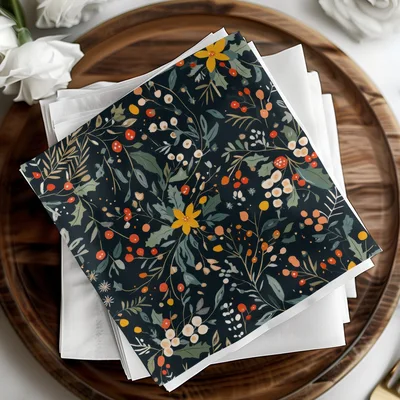 Dark Black Seamless Christmas Ditsy Floral Pattern With Berries and Leaves on Dark Backdrop Digital