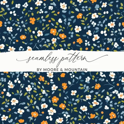 Dark Blue Ditsy Floral Pattern with Small Orange Blooms Digital