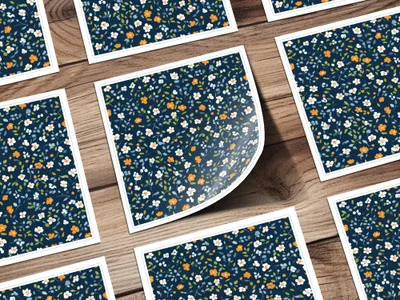 Dark Blue Ditsy Floral Pattern with Small Orange Blooms Digital