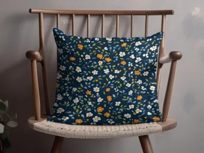 Dark Blue Ditsy Floral Pattern with Small Orange Blooms Digital