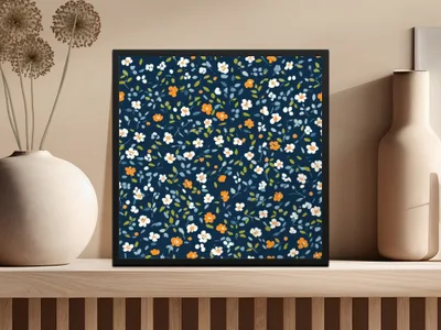 Dark Blue Ditsy Floral Pattern with Small Orange Blooms Digital
