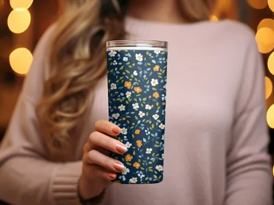 Dark Blue Ditsy Floral Pattern with Small Orange Blooms Digital