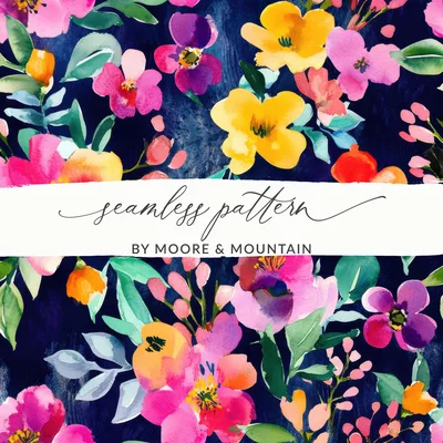 Dark Blue Watercolor Floral Digital Paper, Bright Watercolor Flowers Seamless Pattern Maximalist Design, Jewel Toned