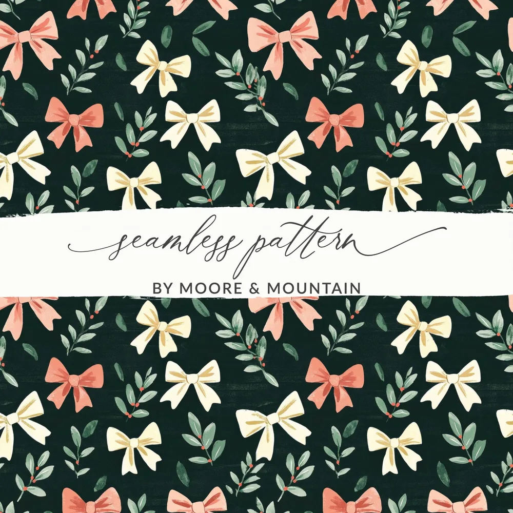 Dark Coquette Winter Bows On Green Background Digital