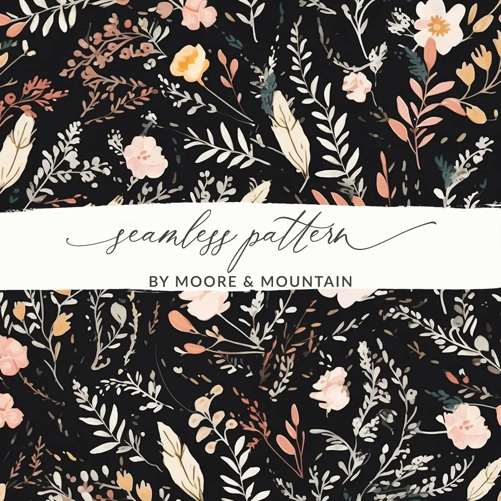 Dark Ditsy Flower Black Boho Watercolor Floral Neutral Seamless Pattern