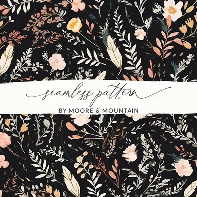 Dark Ditsy Flower Black Boho Watercolor Floral Neutral Seamless Pattern