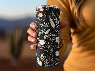 Dark Ditsy Flower Black Boho Watercolor Floral Neutral Seamless Pattern