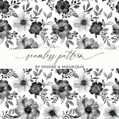 Gothic Black and White Dark Floral Pattern with Leaves and Berries Digital