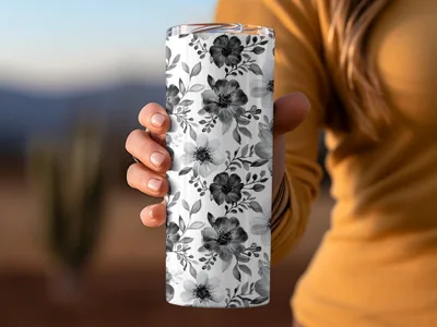 Gothic Black and White Dark Floral Pattern with Leaves and Berries Digital