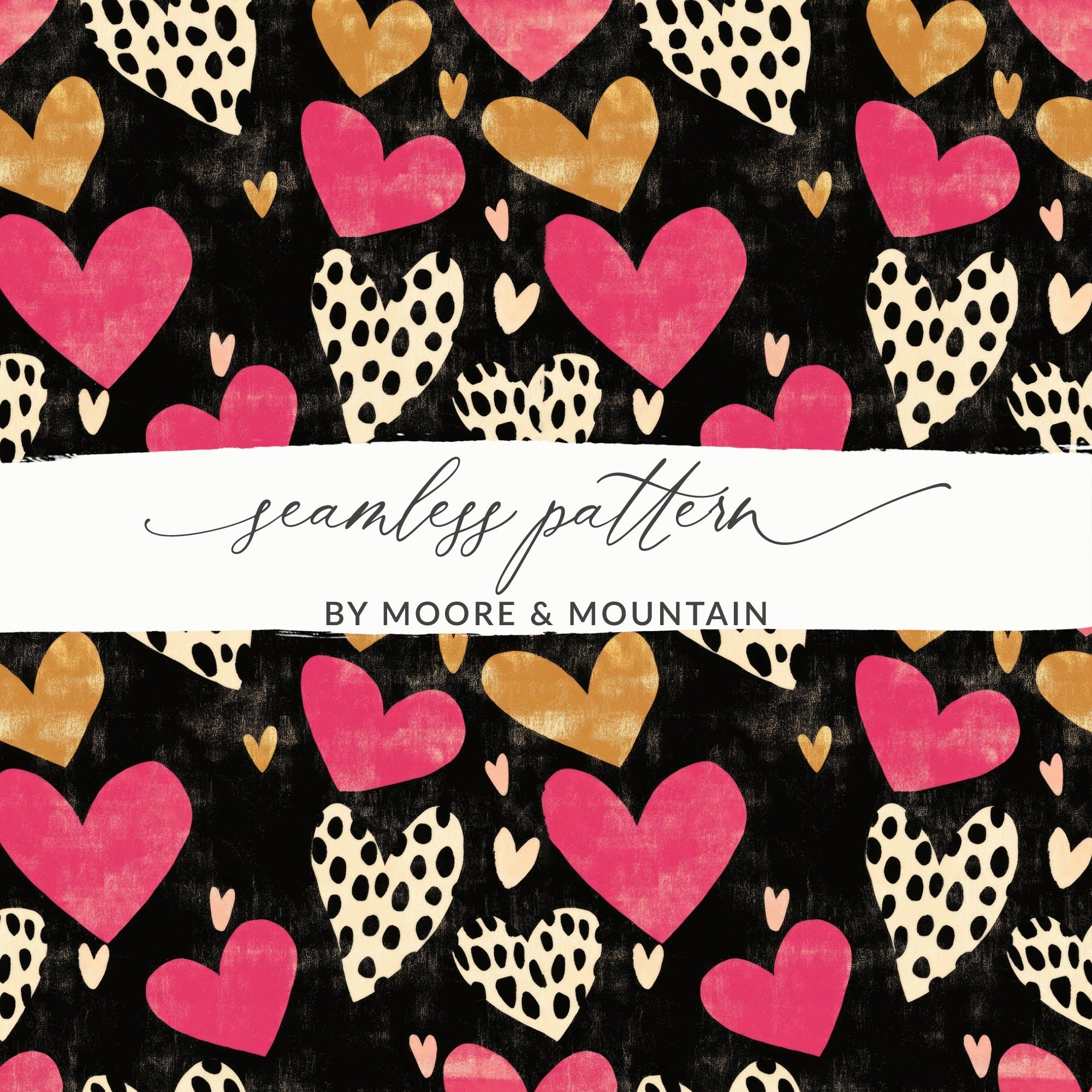 Dark Hearts Digital Paper, Pink and Gold Hearts Pattern, Spotted Heart Art, Seamless Black Background, Digital Valentine's Day Texture