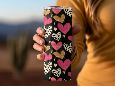 Dark Hearts Digital Paper, Pink and Gold Hearts Pattern, Spotted Heart Art, Seamless Black Background, Digital Valentine's Day Texture