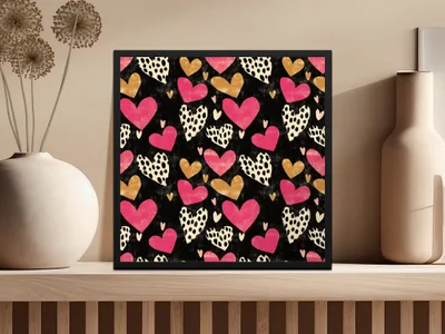 Dark Hearts Digital Paper, Pink and Gold Hearts Pattern, Spotted Heart Art, Seamless Black Background, Digital Valentine's Day Texture