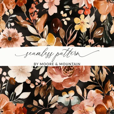 Dark Modern Fall Seamless Allover Pattern Download, Rust Colored Wildflower Field Sublimation Design, For Commercial Use, Digital