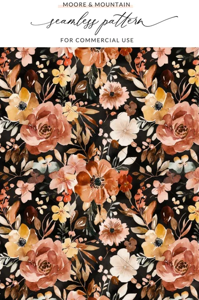 Dark Modern Fall Seamless Allover Pattern Download, Rust Colored Wildflower Field Sublimation Design, For Commercial Use, Digital