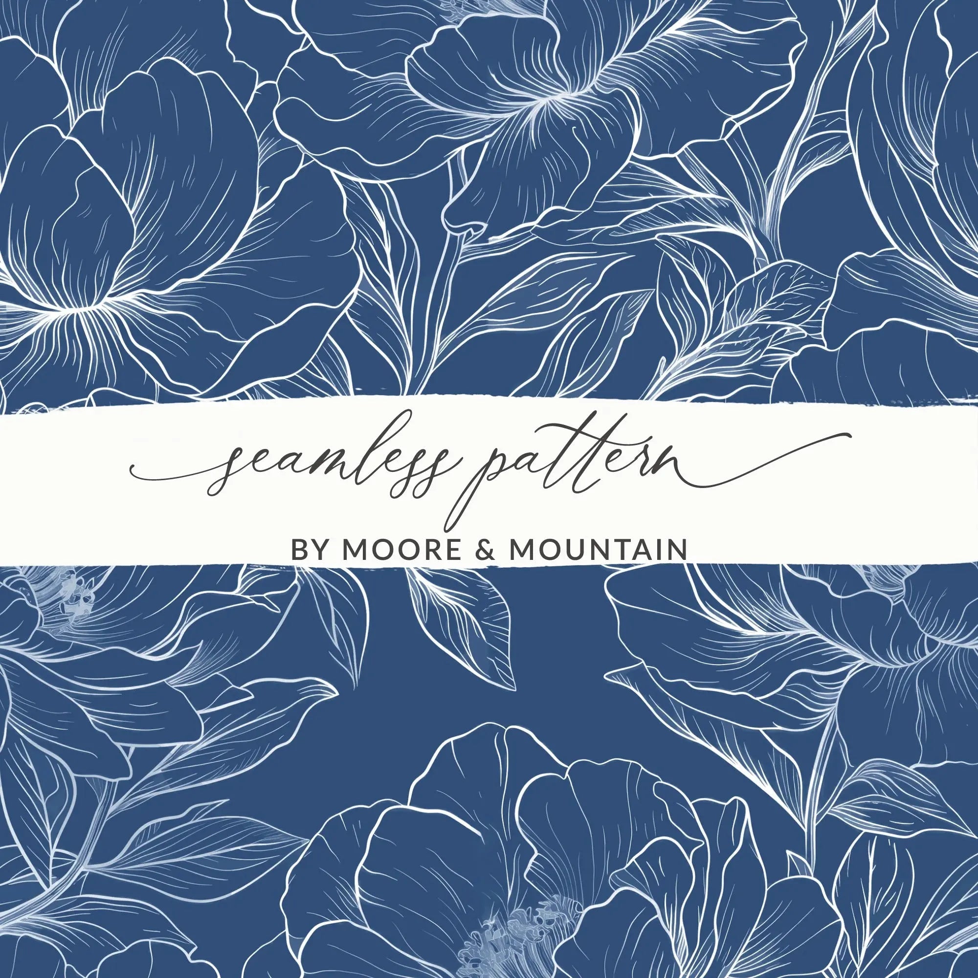 Dark Navy Blue Line Art Peony Floral Seamless Pattern, Flower Digital Paper, Botanical Background, Fabric Design, Scrapbooking Paper