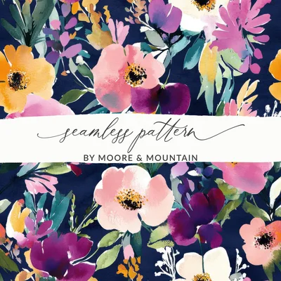 Dark Watercolor Floral Seamless Pattern, Dark Background Flower Digital Paper, Printable Fabric Design, Floral Clipart, Commercial Use