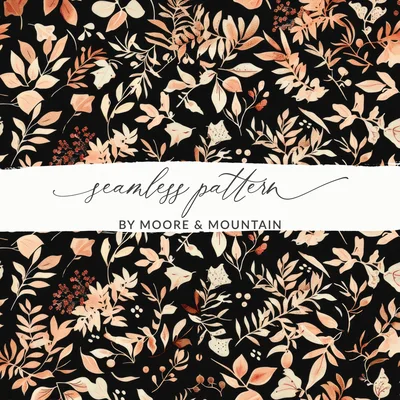 Dark Watercolor Wildflowers Pattern Blush on Black Digital