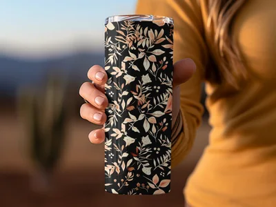 Dark Watercolor Wildflowers Pattern Blush on Black Digital