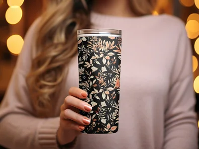 Dark Watercolor Wildflowers Pattern Blush on Black Digital