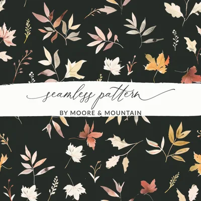Dark Watercolor Wildflowers Pattern Fall Leaves Digital
