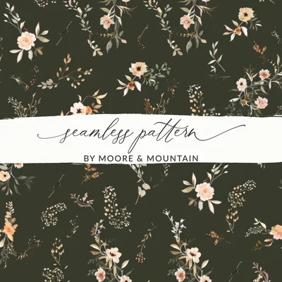 Dark Watercolor Wildflowers Pattern on Black Background Digital
