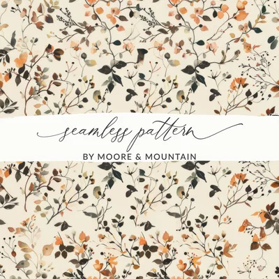 Dark Watercolor Wildflowers Pattern with Light Beige Digital