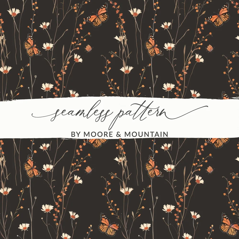 Dark Wildflowers and Butterflies Summer Pattern Dark Background Digital