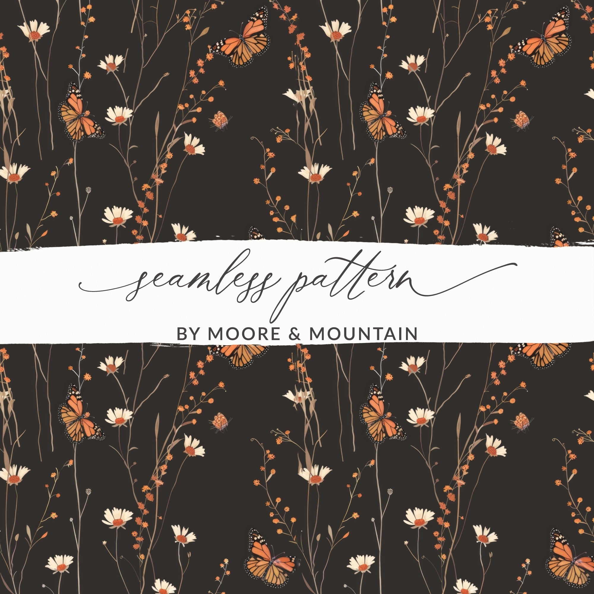 Dark Wildflowers and Butterflies Summer Pattern Dark Background Digital