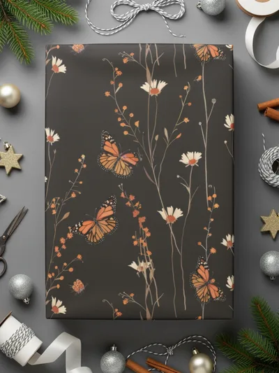 Dark Wildflowers and Butterflies Summer Pattern Dark Background Digital