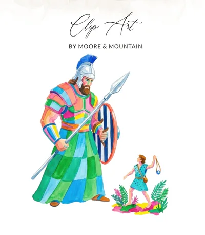 David and Goliath Bible Story Digital Print, Christian Faith Wall Art, Inspirational Kids Room Decor, Modern Watercolor Illustration