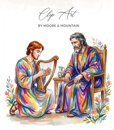 David and Saul Harp Watercolor Digital Art Print, Christian Bible Story Illustration, Religious Hope Comfort Decor, Instant Download