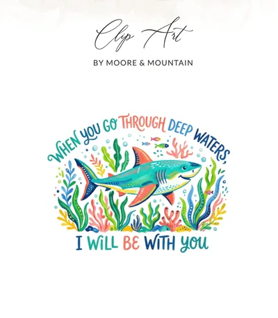 Deep Waters Scripture Digital Art, Christian Inspirational Shark Printable, Bible Verse Ocean Marine Life Illustration, Faith Comfort