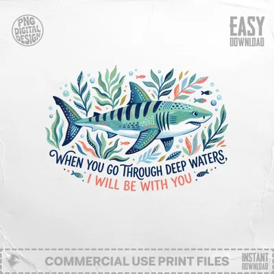 Deep Waters Shark Quote Digital Art Print, Inspirational Ocean Decor, Comforting Christian Scripture, Marine Life Downloadable.