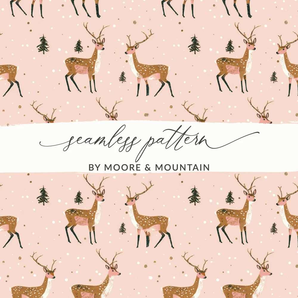 Deer Digital Paper, Seamless Pattern, Christmas Design, Pink Background, Winter Animals, Holiday Digital Download, Deer Illustration