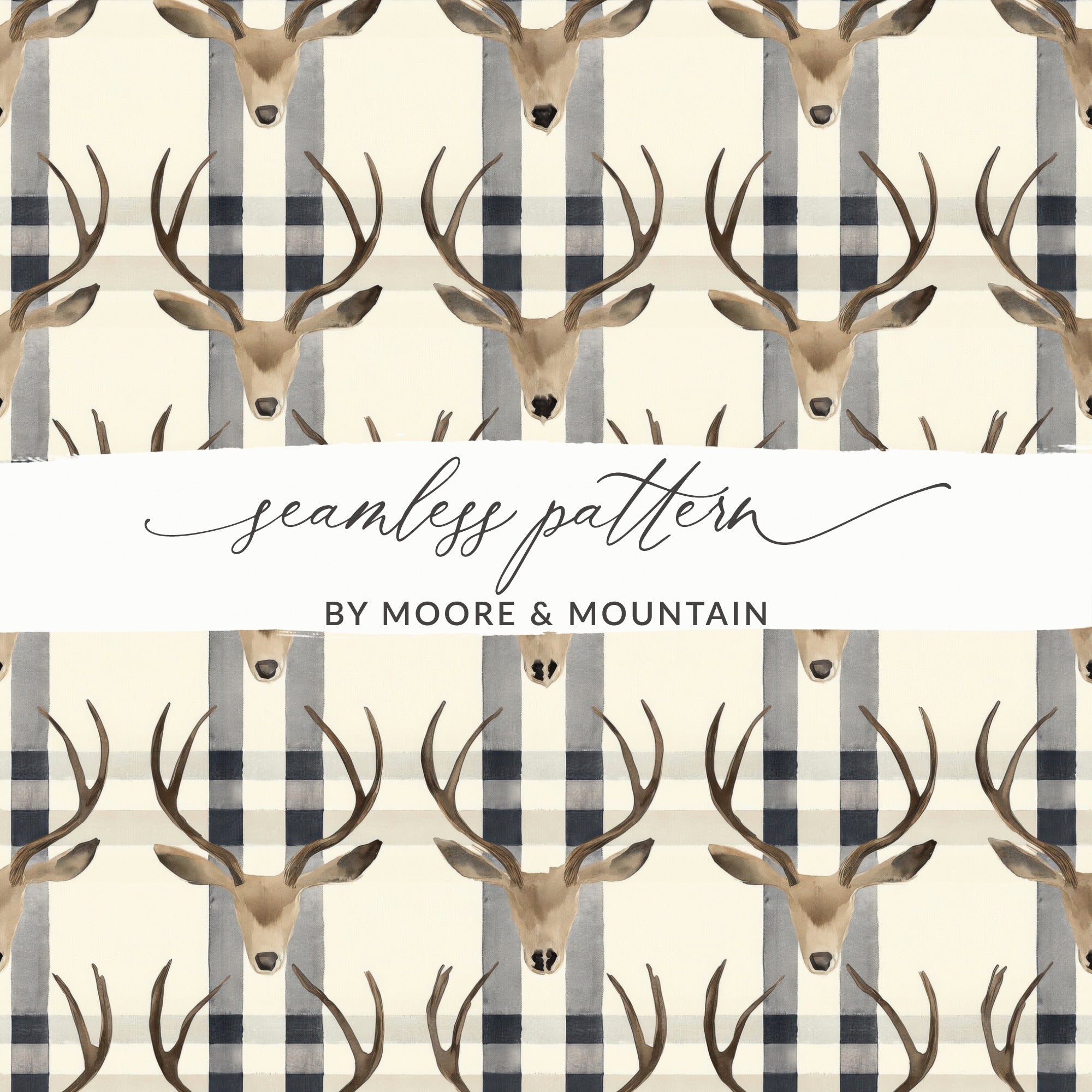 Deer Head Plaid Digital Paper, Seamless Pattern JPEG, Buffalo Check Pattern, Rustic Design, Woodland Pattern, Printable Fabric, Digital