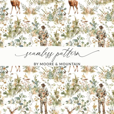 Deer Hunter Among Greenery and Flowers Pattern Digital