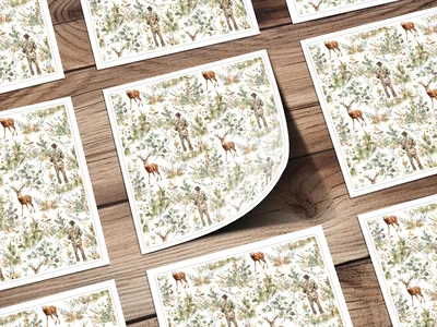 Deer Hunter Among Greenery and Flowers Pattern Digital