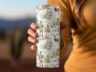 Deer Hunter Among Greenery and Flowers Pattern Digital