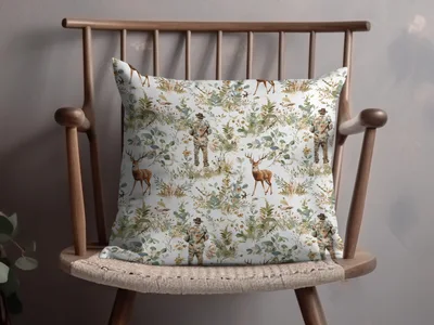 Deer Hunter Among Greenery and Flowers Pattern Digital