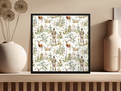 Deer Hunter Among Greenery and Flowers Pattern Digital